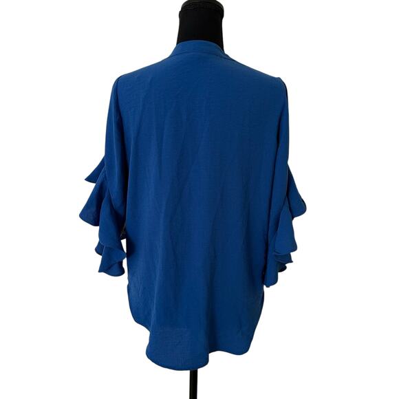 Vince Camuto Women Sapphire Blue Ruffle Sleeve Split Neck Blouse Size XS - NWT - Picture 5 of 8